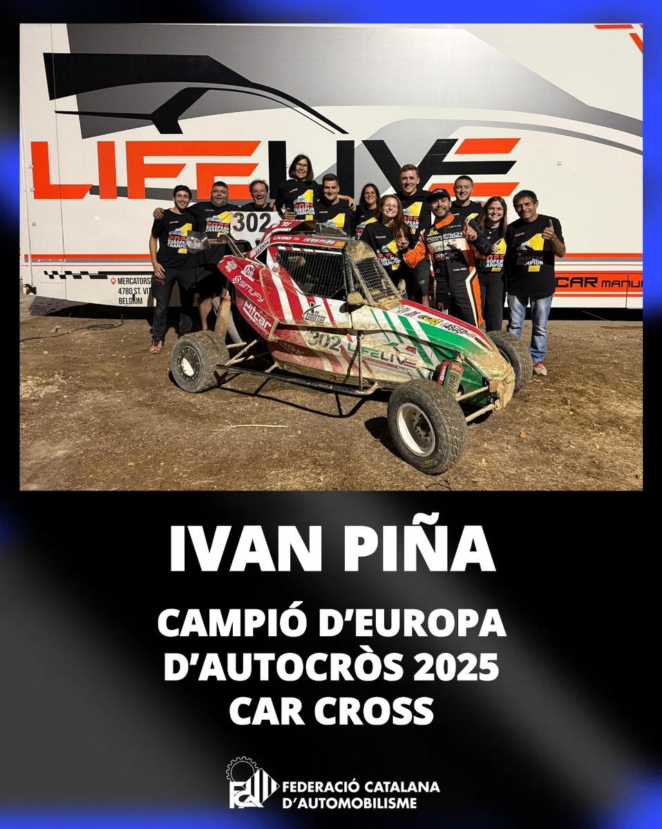 FCAutomobilisme's tweet photo. 🔝 IVAN PIÑA
🏆 CAMPIÓ D'EUROPA D'AUTOCRÒS - CAR CROSS
🍾 Enhorabona
#FCAutomobilisme #motorsport #automobilisme #victoria #campio #europa #europeanax #carcross #lifelivemotorsports #fia https://t.co/j4SMiE7udS