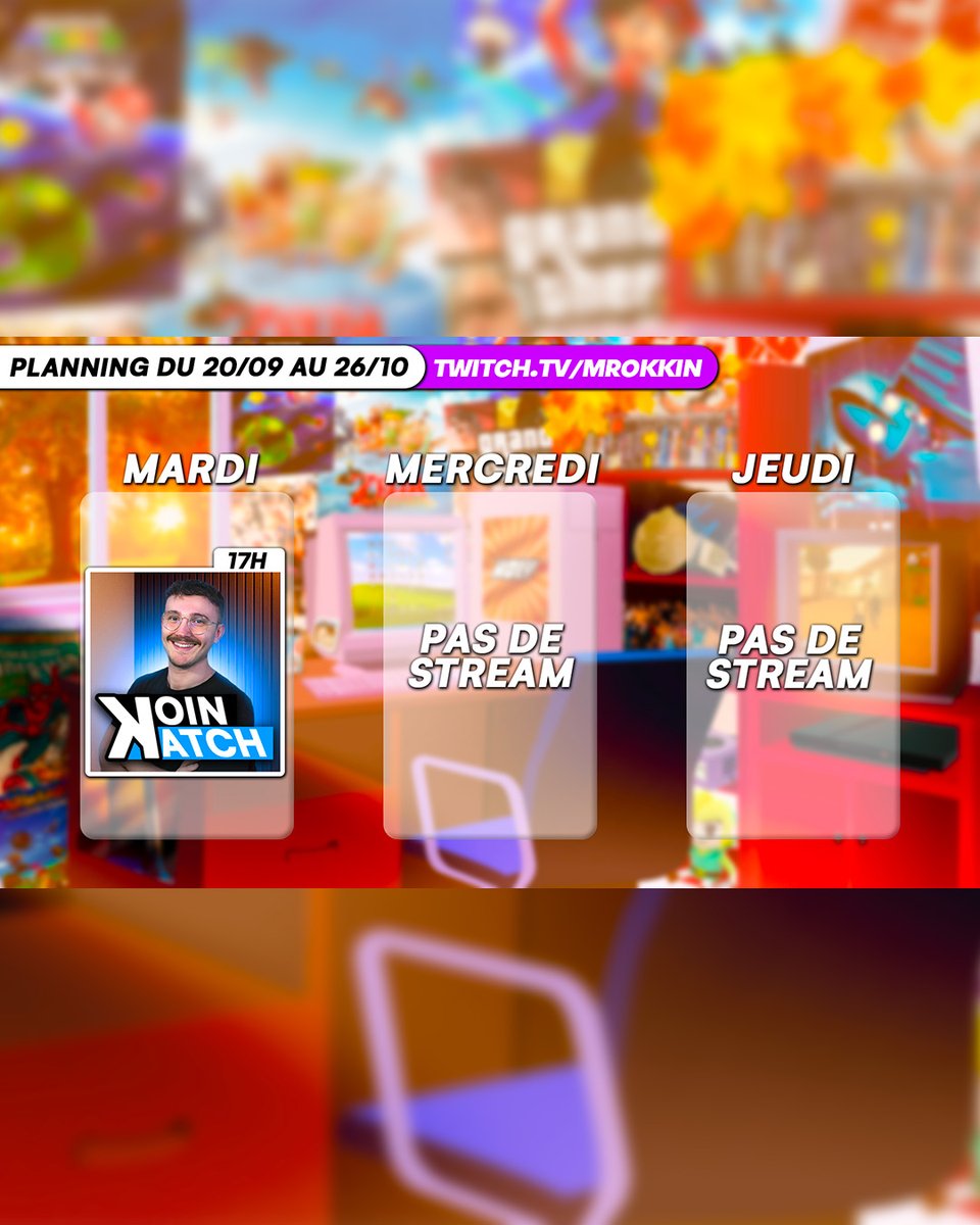 TOUT PETIT PLANNING MINUSCULE !

Cette semaine on part simplement en Koin Katch mardi, on prendra un peu le temps de discuter puisqu'il n'y aura pas d'autres live dans la semaine mais on se rattrapera la semaine prochaine ! 🫡​

Ça se passe ici ​👉​ TWITCH.TV/MROKKIN