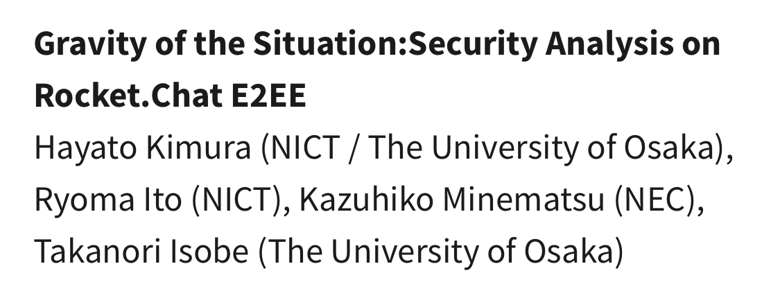 Our paper “Gravity of the Situation:Security Analysis on Rocket.Chat E2EE” has been accepted to ACSAC2025🎉
We conducted responsible disclosure and contributed to design &amp; implementation fixes.　We  hope this  study bridges academia &amp; industry.
acsac.org/2025/program/p…
