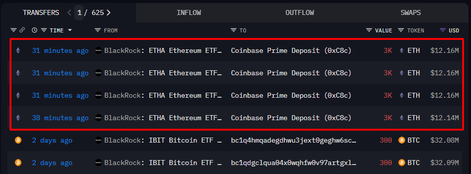 Screenshot of BlackRock's ETH transfers to Coinbase Prime