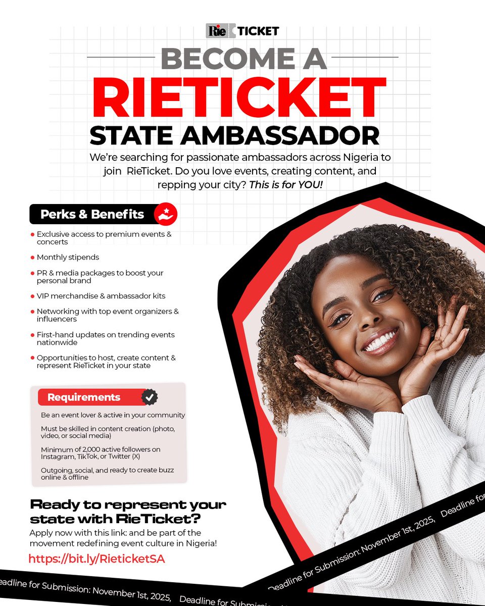rieticket's tweet image. Calling all event lovers &amp;amp; content creators across Nigeria!
Become a RieTicket State Ambassador today.
Enjoy VIP perks, monthly stipends, and exclusive access to top events.

Apply now 👉 bit.ly/RieticketSA