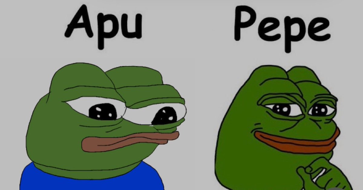 Majority of people dont realise these 2 frogs are different, even the majority of $pepe holders dont know yet

A lot of them assume that pepe is both of these frogs (WRONG!)

This gives an opportunity to front run the majority to price discovery

$APU belongs in the top 10 coins
