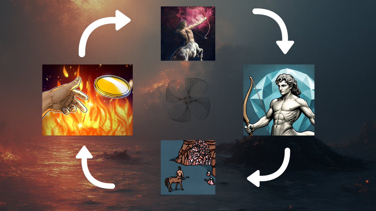 Illustration of Chiron's Cave concept with mythological elements and token cycle
