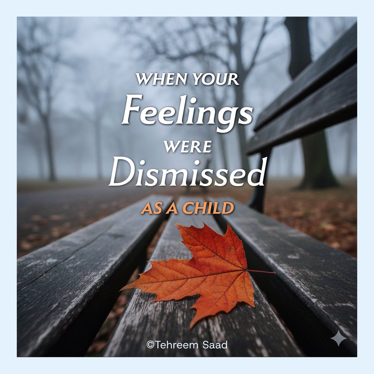 Tehreem's tweet photo. When your feelings were dismissed as a child, you learned to shrink to stay safe.
Healing is remembering, your emotions were never the problem

#HealingJourney #InnerChildHealing #TherapistInPakistan #EmotionalHealing #SelfAwareness #MentalHealthMatters #Psychotherapy https://t.co/e3cqq3vDW9
