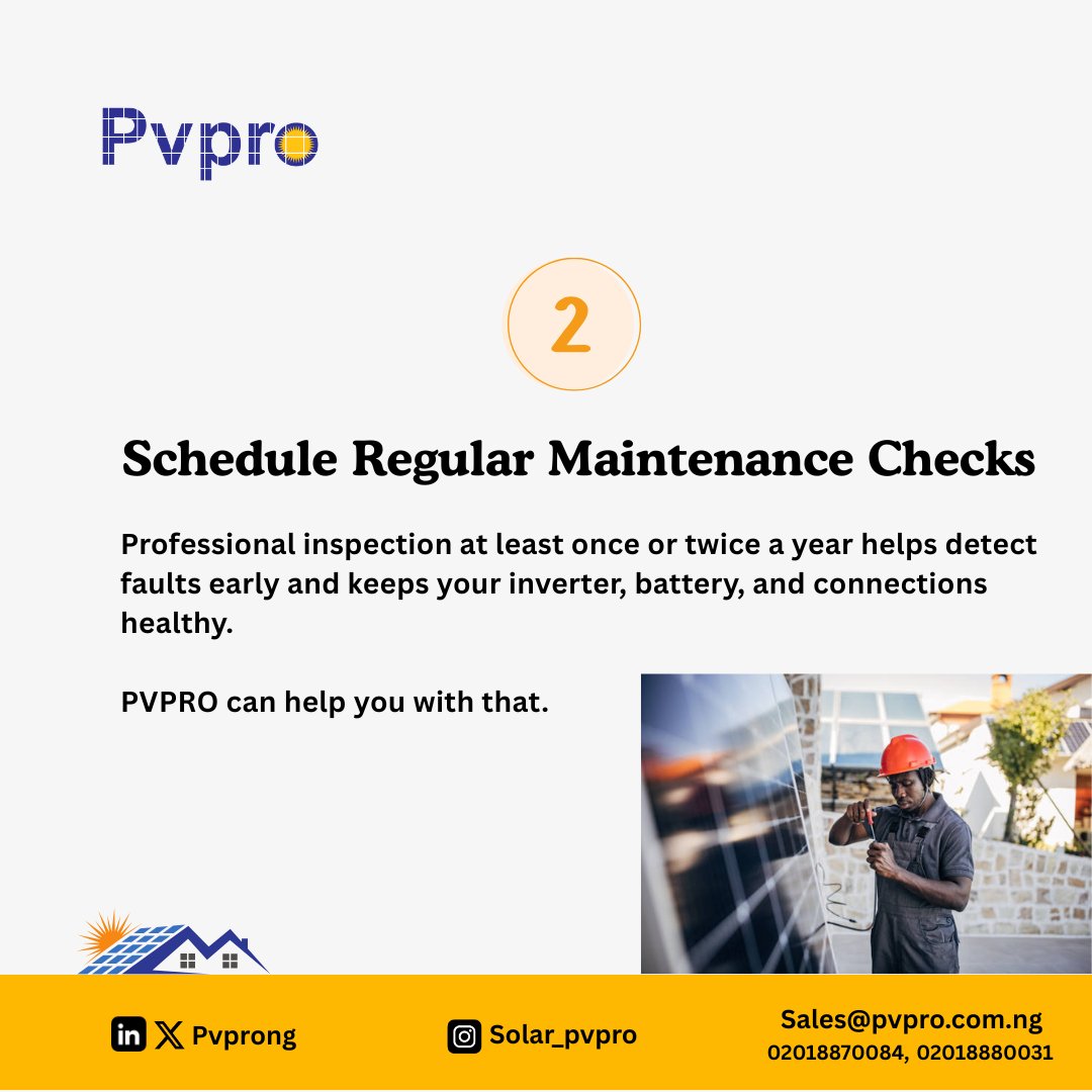 Pvproenergy's tweet image. Want your solar investment to serve you for years?
Follow these simple maintenance tips and keep your system shining bright!
At PVPRO, we don’t just install — we ensure your solar keeps performing at its best.
#PVPRO #SolarTips #MaintenanceMatters ParaNice Caribbean GM CT Vooi