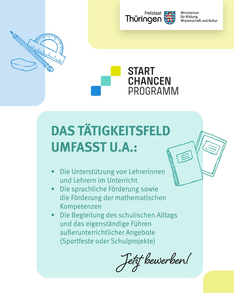 🎓 Mehr Unterstützung für Thüringens Schulen: Das Startchancen-Programm wächst – jetzt mit 95 Chancenassistenzen für Unterricht, Förderung und Alltag.
Jetzt bewerben 👉 karriere.thueringen.de/stellensuche#a…
#GuteBildungTH #Startchancen <a href="/Thueringen/">Thueringen</a>