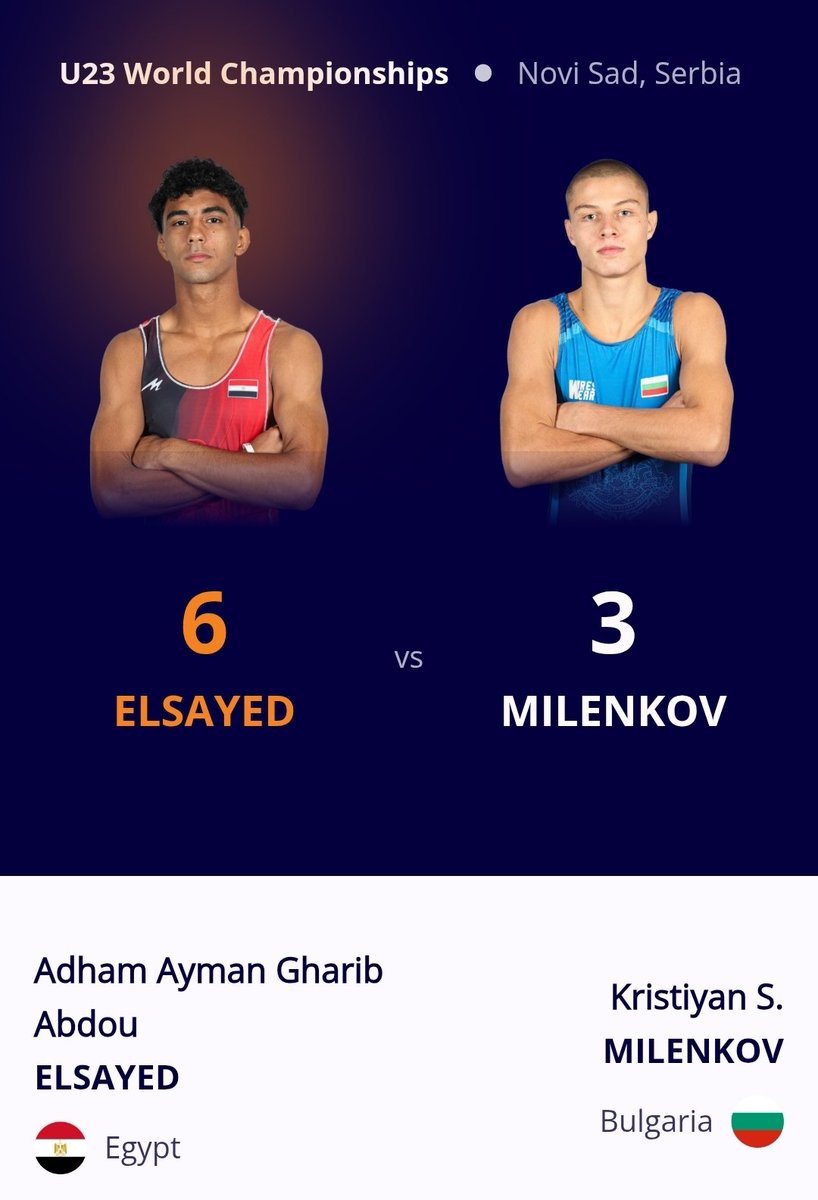 TeamsEgypt's tweet image. بطولة العالم للمصارعة U23 - نوفي ساد، صربيا :
تأهل أدهم أيمن للدور ربع النهائي وزن -63 كلغ مصارعة رومانية بالفوز على البلغاري كريستين ميلينكوف 6-3.
أدهم سيواجه المولدافي فيتالي إيرومينكو (الرابع عالميًا، ثالث العالم 2025 وبطل العالم تحت 23 عامًا 2024).
#TeamEgypt
#WrestleNoviSad