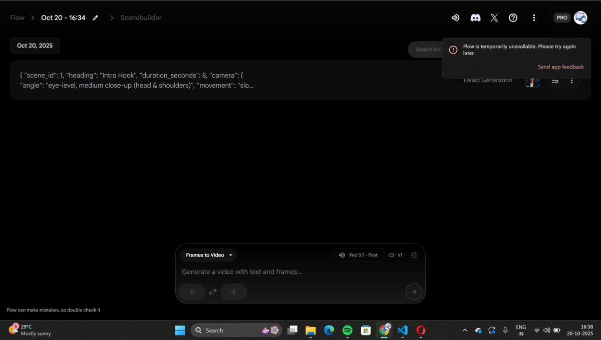 dev_kant_kumar's tweet image. Anyone else getting this?
“Flow is temporarily unavailable. Please try again later.”
Been trying for hours — refreshed, reopened, cleared cache, even switched browsers. Still nothing.
@GoogleAI  @GoogleDeepMind  please look into this 🫠
#GoogleFlow #Veo3 #aivideo