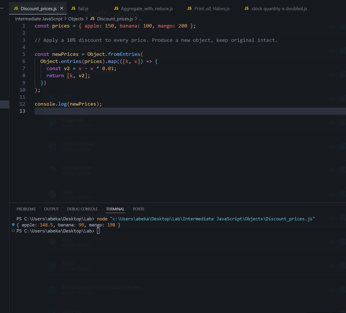 BEKAAMAN2's tweet image. Day 22 of #100DaysOfCode
✨ Applied percentage discounts to object values
✨ Used Object.entries() + map() + Object.fromEntries()
✨ Keeps original object intact while producing a new one
Perfect practice with objects, immutability & array methods!
#100DaysOfCode #JavaScript #Web