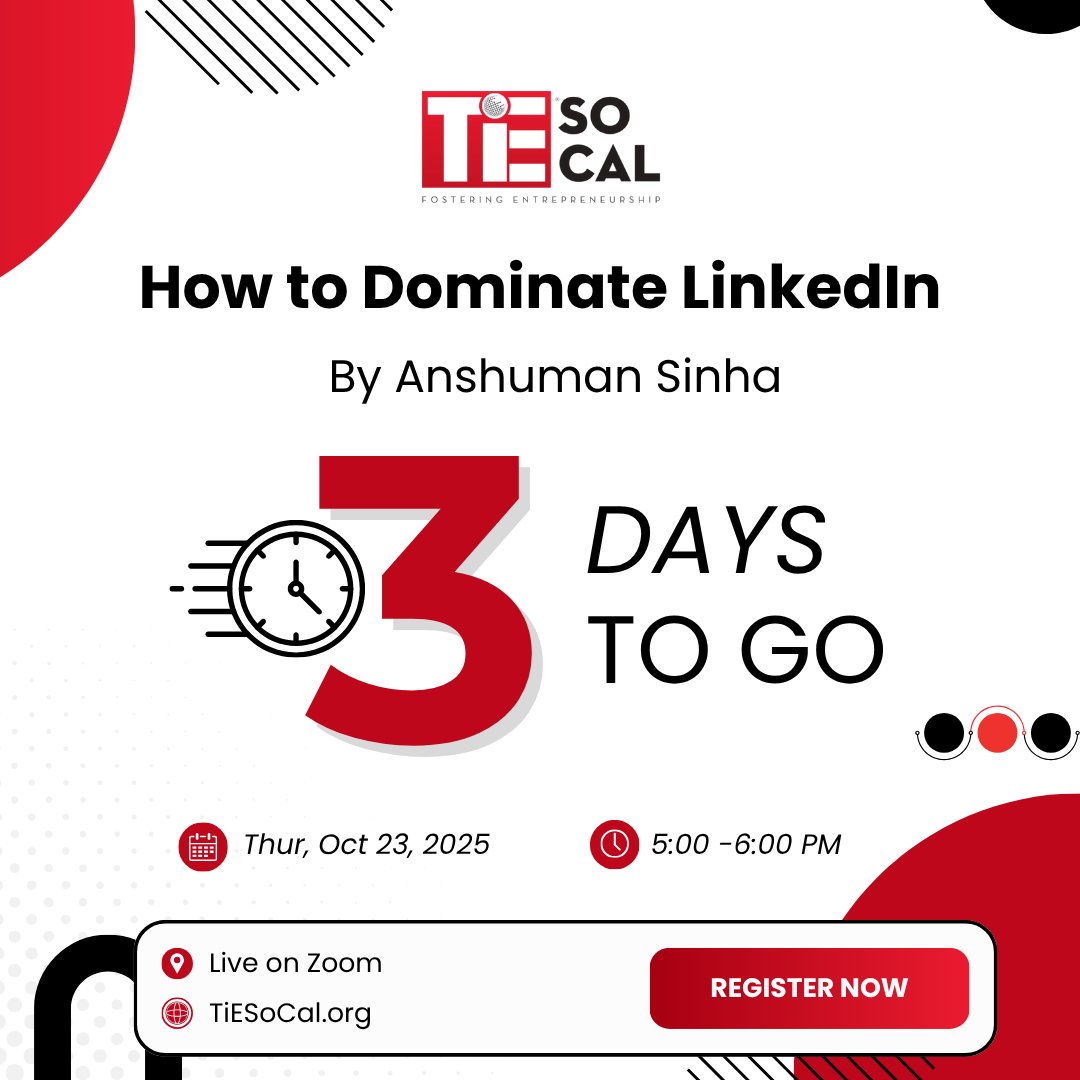 TiELosAngeles's tweet image. Only 3 days to go! ⏳ 
 
Get ready for a powerful session with Anshuman Sinha as he reveals how to make your LinkedIn presence truly stand out.
- Thursday, Oct 23 | 5–6 PM | Live on Zoom 

Register now: events.tie.org/How-to-Dominat…

#LinkedInDomination #TiESoCal #NetworkingEvent