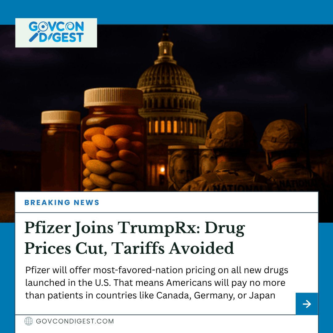 GovConDigest's tweet image. 💊 Pfizer joins TrumpRx, pledging U.S. drug prices equal to top global markets &amp;amp; dodging pharma tariffs.
Cheaper meds—or just new trade math?
👉 Do you think this move will make prescription drugs more affordable
#DrugPricing #Pharma #Policy #GovCon