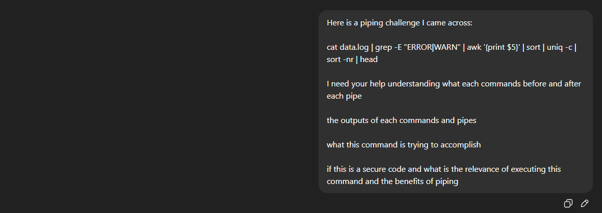 __gosh___'s tweet photo. I used Chat to unpack a Bash pipeline.  

I didn’t just learn what it does, I learned how data flows through every pipe.  

I got to ask even more questions about complex words I don't understand related to it initial response. 

Fun stuff ... 🥹

#ALX_SE #ALX_PDBE https://t.co/LSVZJGFL9h