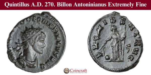Coin of the week: Rare Quintillus Billon Antoninianus (270 AD) 🏛️ One of Rome's shortest-reigning emperors (17-177 days). Extremely Fine condition. Scarce coin featuring Quintillus' portrait. coincraft.com/quintillus-cop…