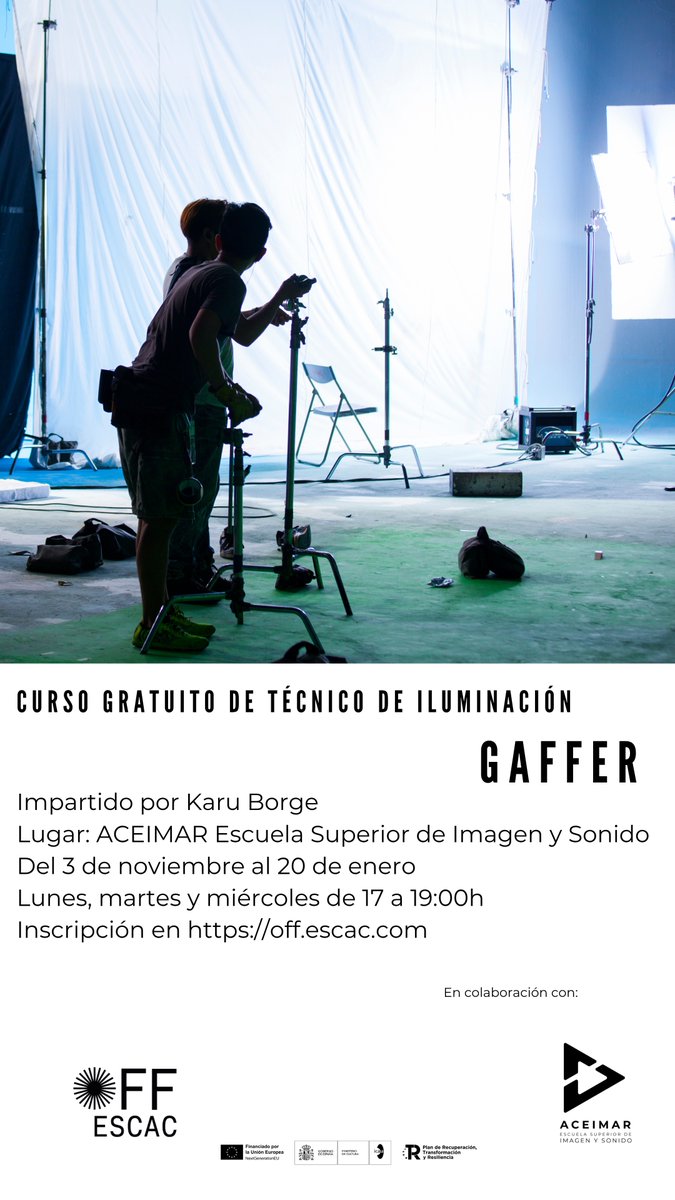 📌Última semana para inscribirse al curso gratuito de #gaffer. 

Info e inscripción: off.escac.com/tecnico-de-ilu…