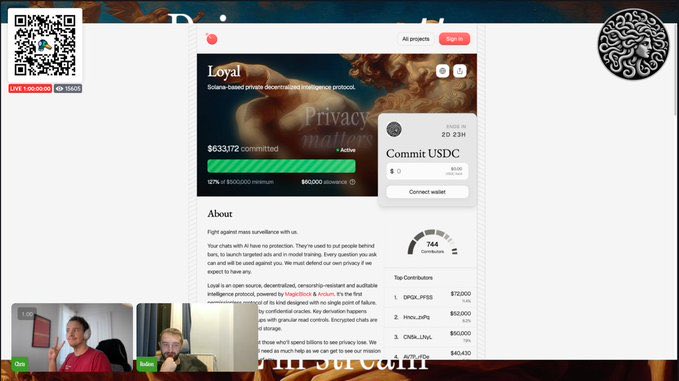 The <a href="/loyal_hq/">Loyal</a> ICO by <a href="/MetaDAOProject/">MetaDAO</a> just hit a major milestone with over $633k deposited by 752 contributors 

This should do well like umbra, giving it a few more days for the cook 

Their major goal is to put an end to global surveillance and guarantee user privacy 

Private