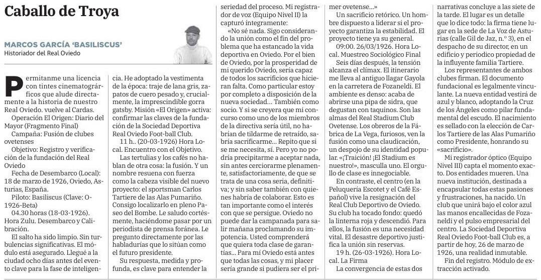 <a href="/Ramonjulio27/">Ramón Julio</a> <a href="/elcomerciodigit/">EL COMERCIO</a> <a href="/Jokanovic/">Slavisa Jokanovic</a> Hace 40 años la lectura de un libro, del tirón y en una noche de esas de instituto, me marco...
Caballo de Troya
Gracias a <a href="/Ramonjulio27/">Ramón Julio</a> y al <a href="/elcomerciodigit/">EL COMERCIO</a> por dar rienda suelta a un viejo sueño, viajar al Oviedo de 1926.