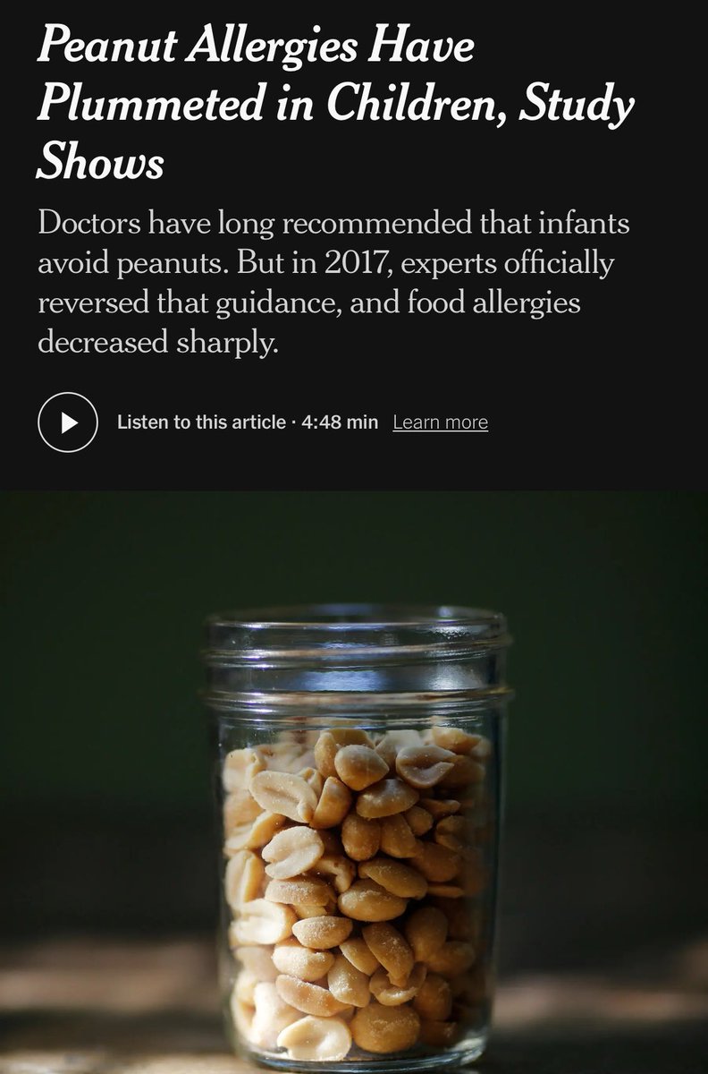 davidzweig's tweet image. As I detail in An Abundance of Caution, American pediatricians—the “experts”—recommended *against* early exposure to peanuts; many did so for nearly 20 years, which was the opposite of what they should have said, causing great harm to untold numbers of kids. They did this despite…