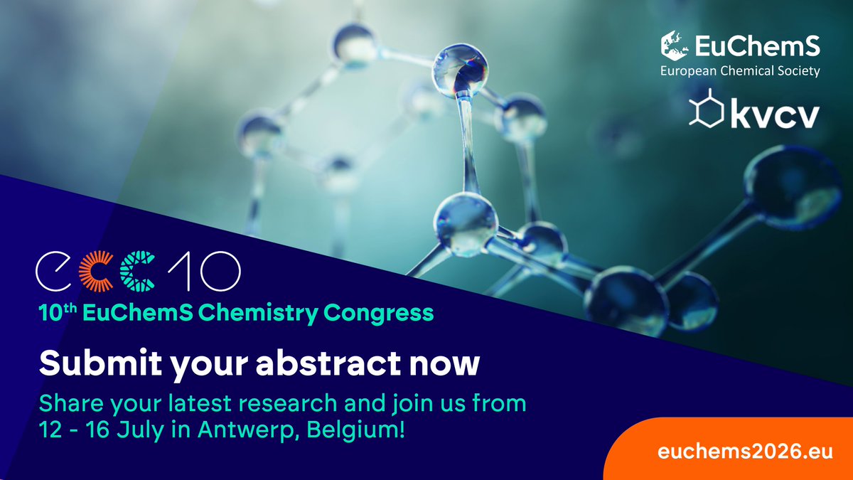 JavierGarciaMartinez (@javiergarciamar) on Twitter photo Abstract submissions for the <a href="/EuChemS_Congres/">10th EuChemS Chemistry Congress</a> (ECC10) are now open.
Share your latest discoveries at the major chemistry congress in Europe!
Learn more about the program, speakers, and sessions at euchems2026.eu and join us in Antwerp, 12–16 July 2026. Abstract submissions for the <a href="/EuChemS_Congres/">10th EuChemS Chemistry Congress</a> (ECC10) are now open.
Share your latest discoveries at the major chemistry congress in Europe!
Learn more about the program, speakers, and sessions at euchems2026.eu and join us in Antwerp, 12–16 July 2026.