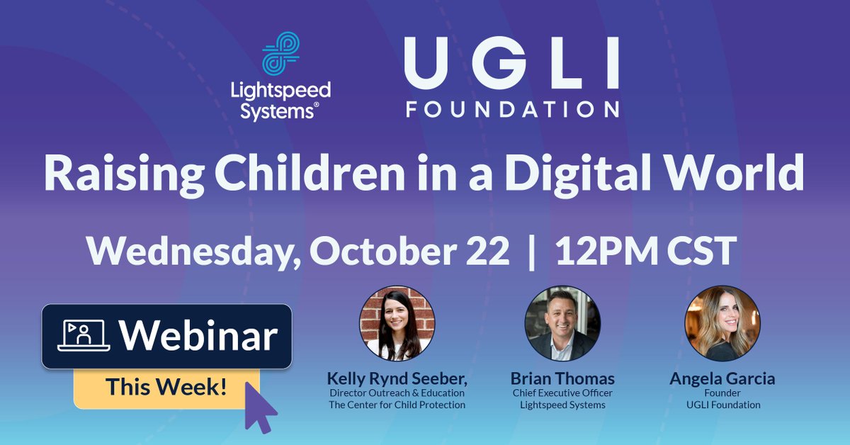 The UGLI Foundation is bringing you a webinar focused on what it means to raise children in a digital world. Don’t miss your chance to sit down with safety professionals like Brian Thomas (CEO, Lightspeed Systems), Kelly Rynd Seeber (Director of Outreach &amp; Education, The Center