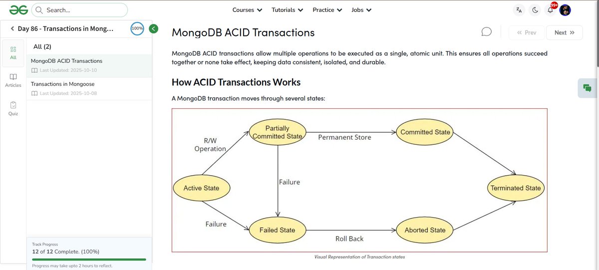 MdMazid1707's tweet image. ✅ Day - 86
 📷 Transactions in MongoDB
86/100 days Web development course Nation Skill Up with
@geeksforgeeks
to skill up our development Course Link : geeksforgeeks.org/batch/skill-up… #skillupwithgfg #nationskillup #CodingChallenge #geeksforgeeks #100DaysOfCode