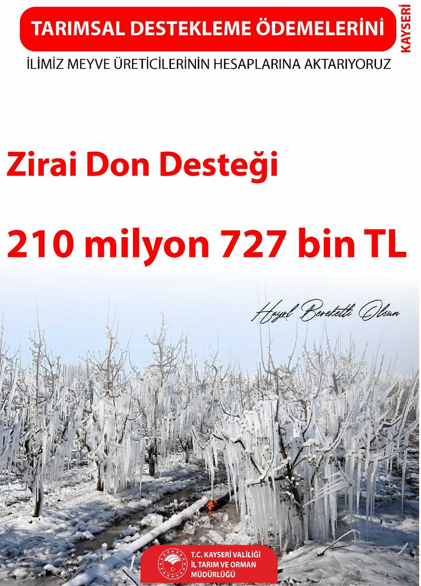 📌 KAYSERİ

Sayın Cumhurbaşkanımızın talimatları doğrultusunda;
Kayserimizde zirai don zararı yaşayan meyve üreticilerimize 210 milyon 727 bin TL tutarında destek ödemesi hesaplara aktarıldı. 

Sayın Cumhurbaşkanımıza destekleri için şükranlarımızı sunuyoruz.

Hayırlı ve