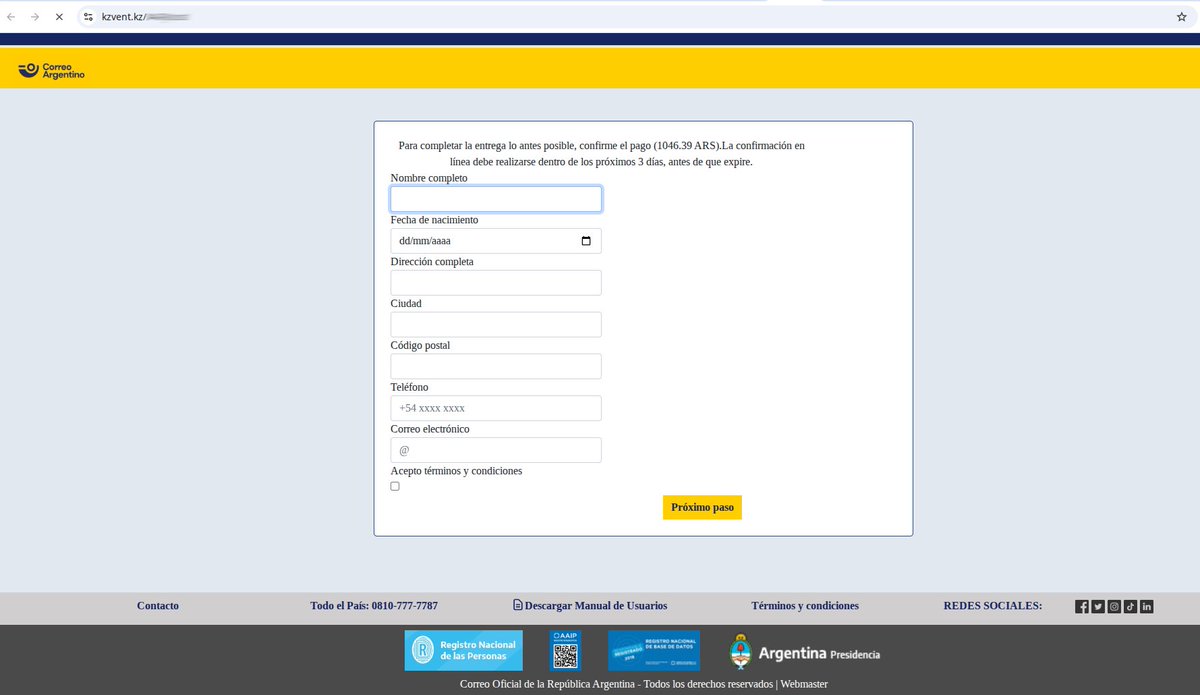 Atento gente de Correo Argentino, está llegando #Phishing para robar datos personales y tarjetas de credito.