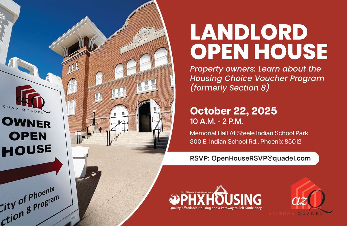 Landlords &amp; property owners!
Join Phoenix Housing &amp; <a href="/ConsultQuadel/">Quadel</a> for a Landlord Open House 🏠

📅 Oct 22 | 🕙 10 AM–2 PM
📍 Memorial Hall, Steele Indian School Park

Learn about the Housing Choice Voucher Program (formerly Section 8).

📩 RSVP: OpenHouseRSVP@quadel.com