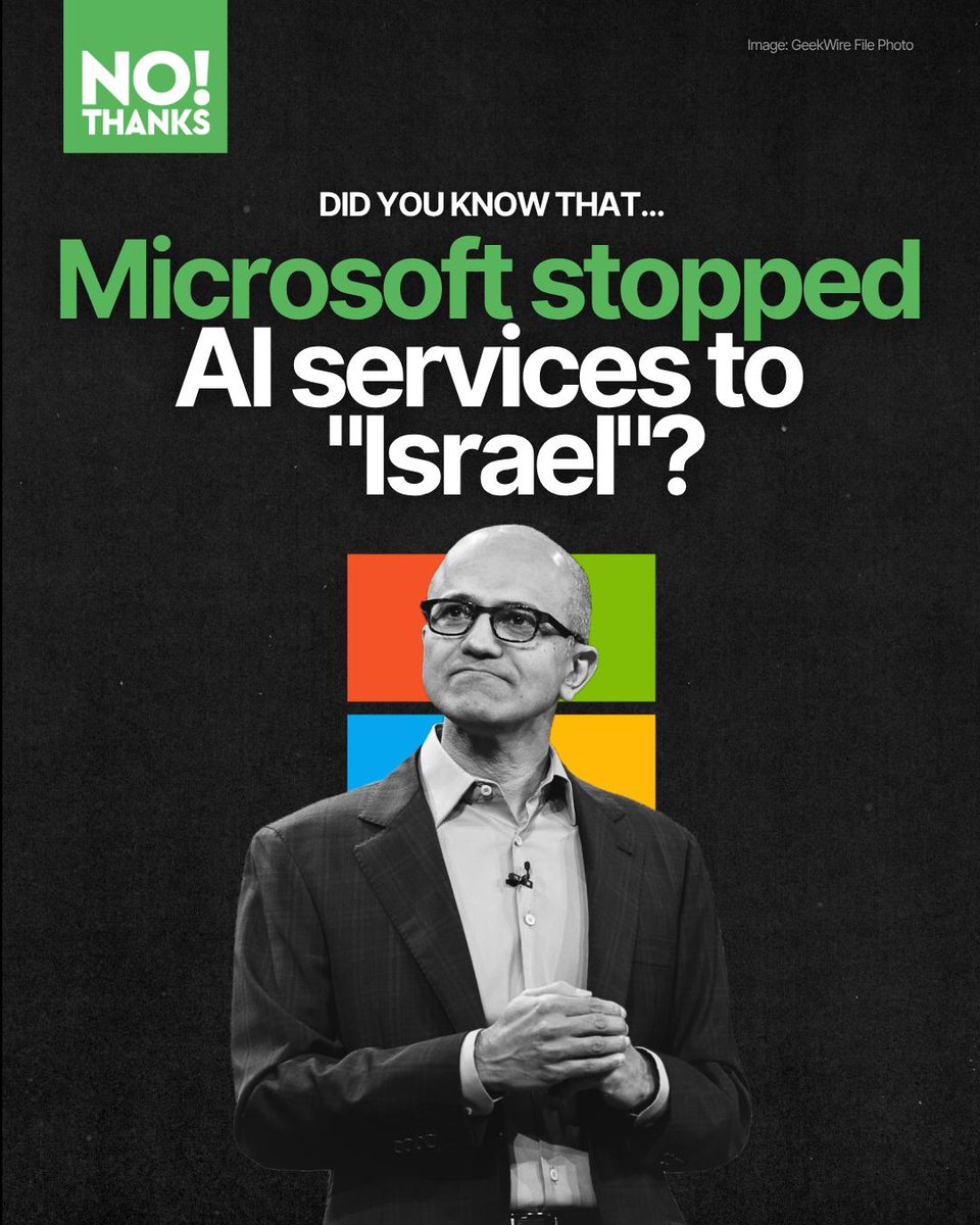 NoThanksBoycott's tweet image. 🚨 Microsoft cut “Israeli” ties over mass surveillance 🚨
This is monumental. Microsoft has officially suspended AI and Azure cloud services to “Israeli” 8200 unit.
The decision wasn't voluntary: an external review confirmed the unit violated Microsoft’s rules by using the…