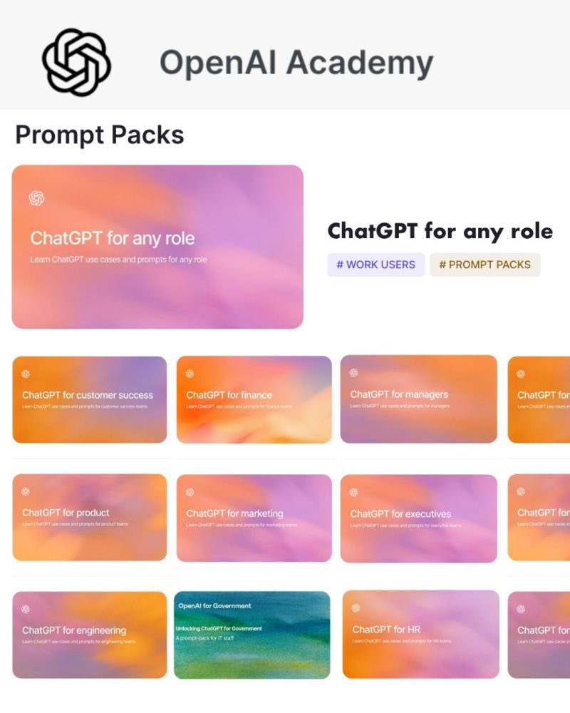 TheAIColony's tweet image. 🚨BREAKING: OpenAI just released prompt packs for every job.

You can now access ready-to-use prompts: 

→ IT 
→ Sales 
→ Product 
→ Managers 
→ Marketing 
→ Engineers 
→ Executives 
→ Customer Success