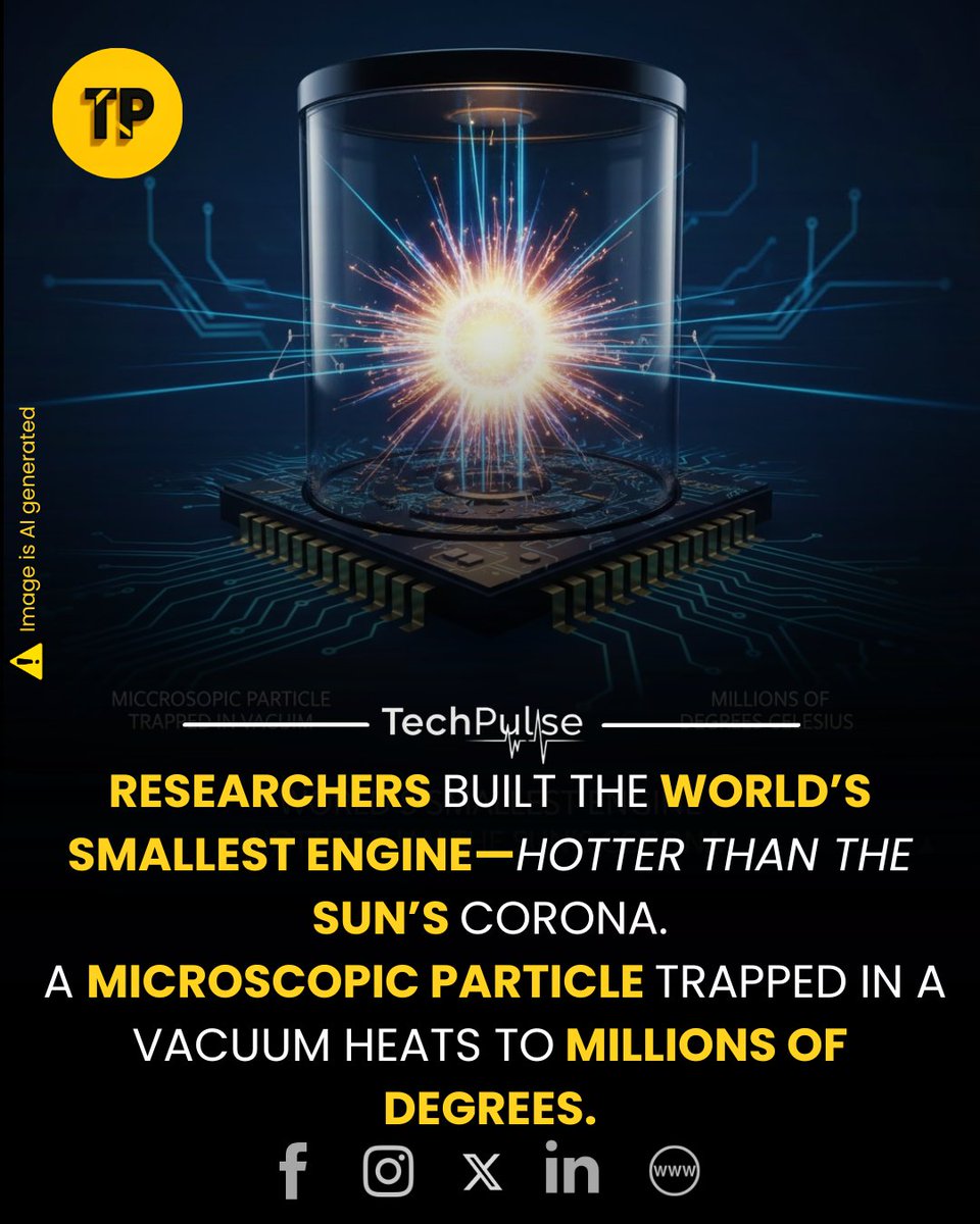 techpulse108's tweet image. Physicists at King’s College London have unveiled a groundbreaking engine: one so small it’s almost invisible, yet it reaches temperatures hotter than the Sun’s outer atmosphere.

#WorldsSmallestEngine #MicroparticleEngine #ExtremePhysics #Nanotechnology #Thermodynamics