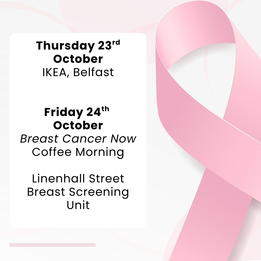 👋Come say hello to our Breast Screening teams this week.

🩷 Learn more about the early signs and the services available. 

📍Thurs 23rd Oct: IKEA, Belfast

📍Fri 24th Oct: Breast Cancer Now Coffee Morning, Linenhall St, Breast Screening Unit

#BreastCancerAwarenessMonth 🍈🍈
