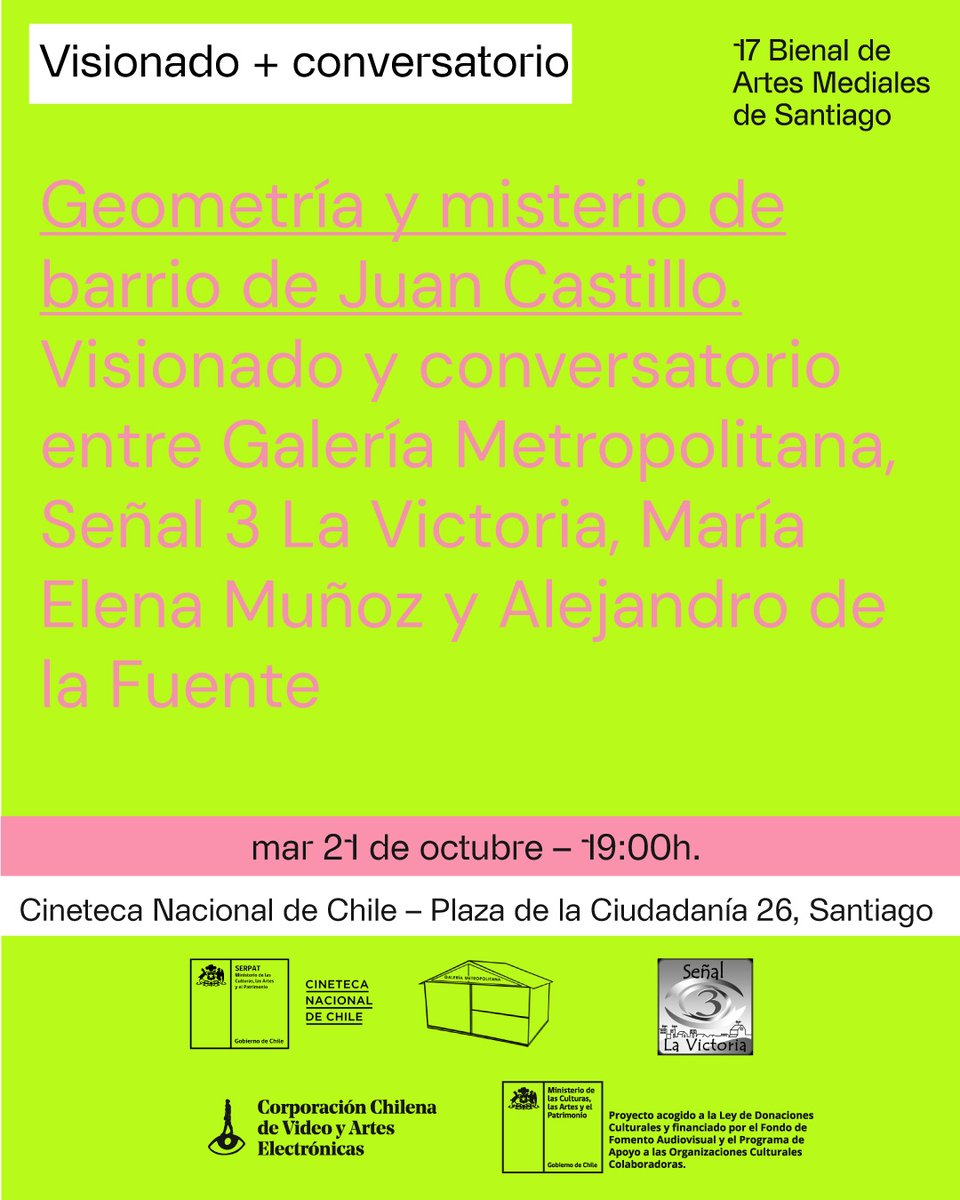 📅​Este martes 21 de octubre a las 19h en Cineteca Nacional de Chile se presentará un homenaje al artista Juan Castillo, a través de un visionado y conversación en torno a “Geometría y misterio de barrio”.

🔗​Para asistir solo deben inscribirse en bienaldeartesmediales.cl