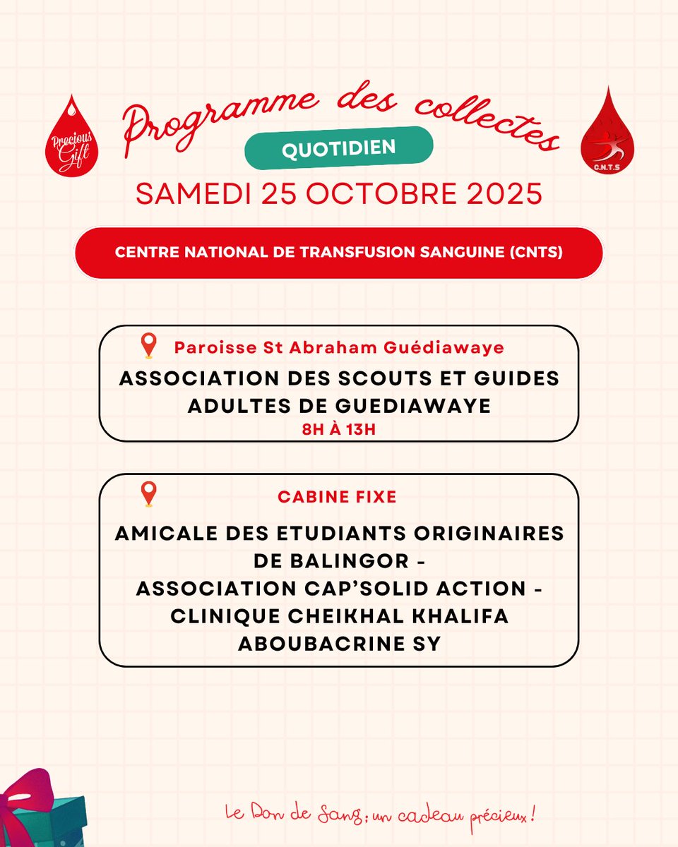 💗 Samedi = Jour du Precious Gift ! Nous vous attendons ce 25 oct pour sauver des vies :

📍 Paroisse St Abraham Guédiawaye

📍 CABINE FIXE (Balingor / Clinique Cheikhal Khalifa Aboubacrine Sy)

🕗 8h–13h

Un geste, une vie 💉

#DonDeSang #OctobreRose #PreciousGift #CNTS
