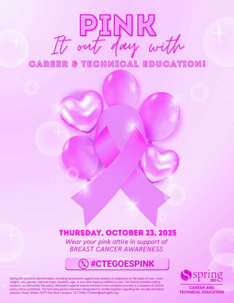 SpringISD_CTE's tweet image. 💖 Pink It Out Day with CTE!
Join us on Thursday, October 23, 2025, and wear your pink attire to support Breast Cancer Awareness 🎀
Let’s show our support and stand strong together!
#CTEGoesPink #SpringISD