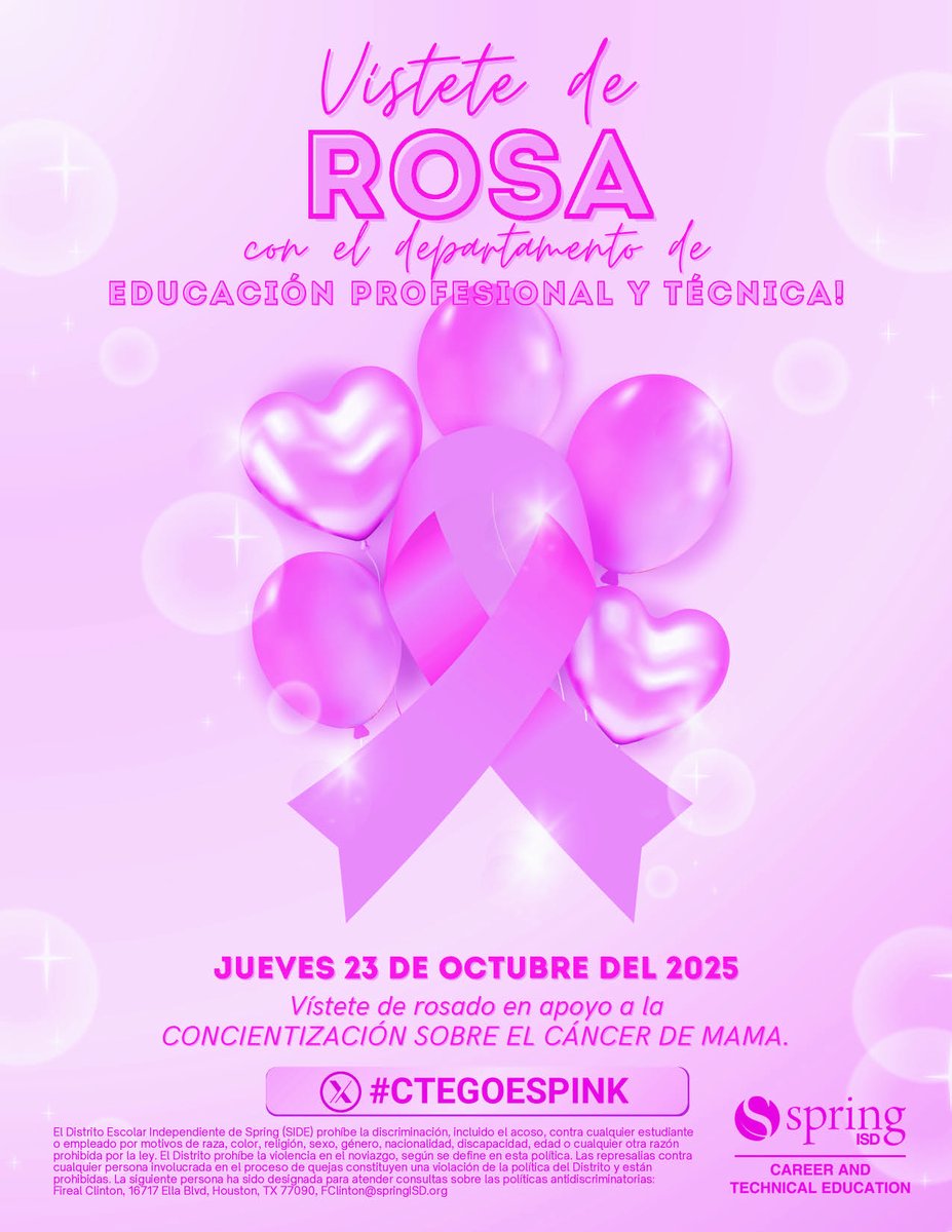 SpringISD_CTE's tweet image. 💖 Pink It Out Day with CTE!
Join us on Thursday, October 23, 2025, and wear your pink attire to support Breast Cancer Awareness 🎀
Let’s show our support and stand strong together!
#CTEGoesPink #SpringISD