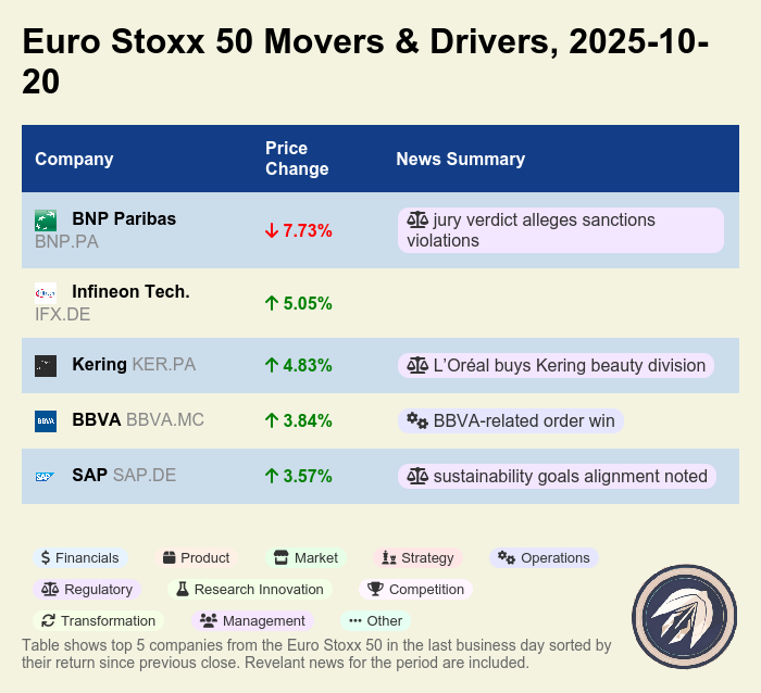 earnings_games's tweet image. EU markets: Banks drag (BNP Paribas -7.7%) on sanctions verdicts, but Infineon +5.1%, Kering +4.8% on L’Oréal beauty deal, BBVA +3.8%, SAP +3.6% on sustainability progress. Net positive day. #EUStocks #Stoxx50 $BNP.PA $IFX.DE $KER.PA $BBVA.MC $SAP.DE