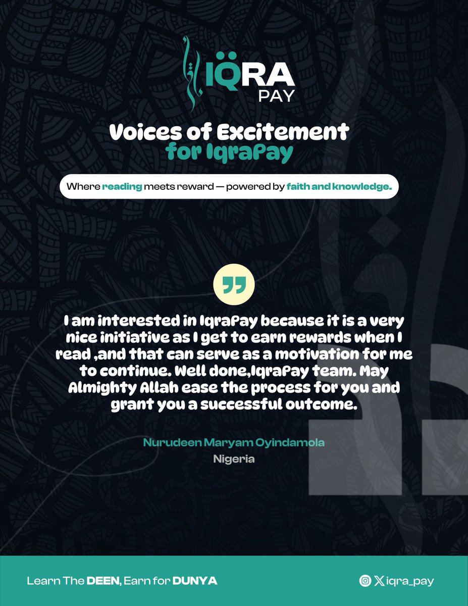 iqra_pay's tweet photo. Voices of Excitement for IqraPay! 💫
Where reading meets reward, powered by faith &amp; knowledge.
Join learners earning through learning 📖✨
👉 https://t.co/IfaZI5Oy4s
🐦 https://t.co/LFT2upv3DZ | 📸 https://t.co/Pcx1mqUThv
Learn the Dīn, Earn for Dunyā
#IqraPay #HalalEarnings https://t.co/3aeyr5wnIb