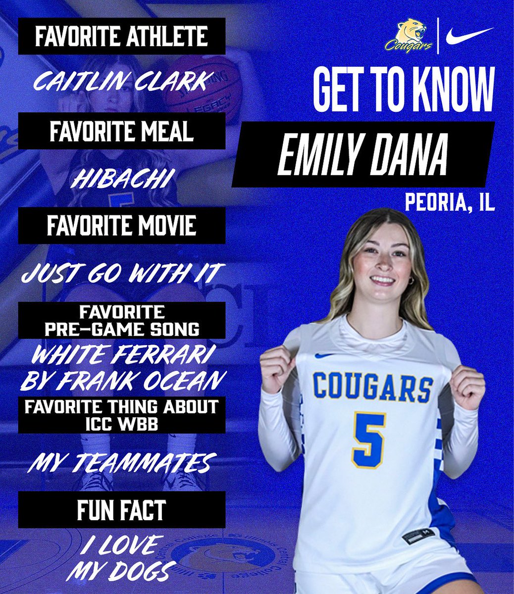 🏀Meet the Cougars🏀

Introducing, Sophomore, #5 Emily Dana! 
<a href="/ICC_Cougars/">ICC Athletics</a> 
<a href="/Emilydana1616/">Emily</a>