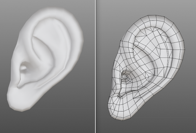 耳モデリング
複雑すぎるので色分けして全体の構造掴んでから細かい造形入れていきました