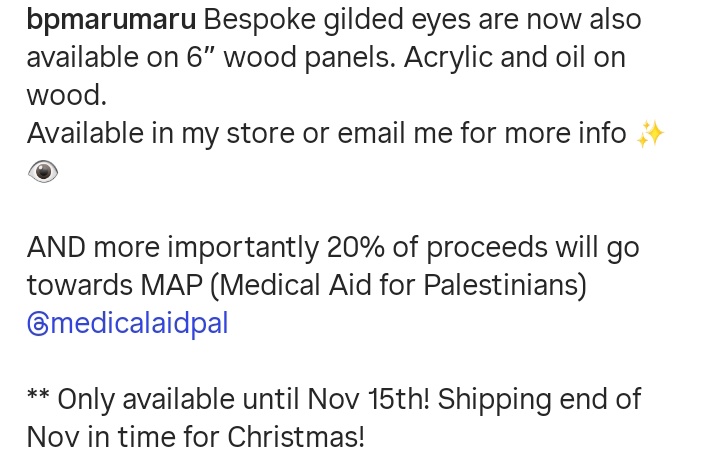 Piper, Gillian's daughter (for those who doesn't know), is selling some of her art in wood panels. If you're interested, go to  her page pipermaru.co.uk to know more.  20% of all proceeds will go to Medical Aid Palestine.