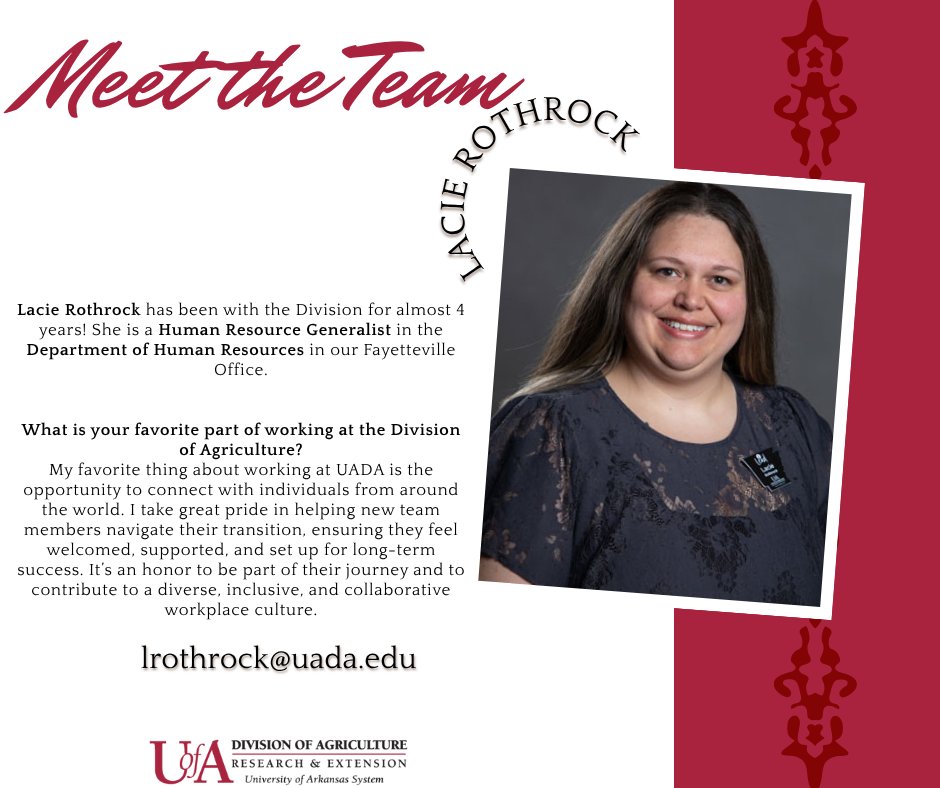 Meet Lacie Rothrock, our Human Resources Generalist at UADA!

Lacie supports our employees—including new international team members—and helps foster a positive, people-first workplace culture. Her expertise and dedication ensure everyone has what they need to succeed.