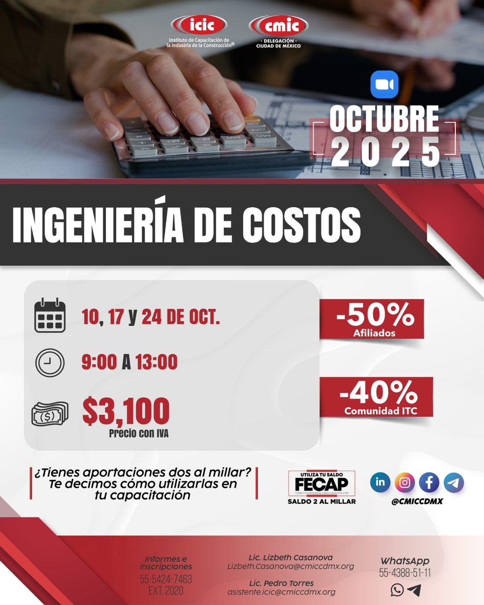 📚 ¡Invierte en tu aprendizaje con #ICIC de la #CMICCDMX!

📅 Del 21 al 24 de oct:
🔹 Excel Básico
🔹 Planeación y control de obra
🔹 Revit Estructuras
🔹 Ingeniería de Costos

📍 Cursos virtuales y presenciales
✍️ Inscríbete: bit.ly/ContactoICIC

#CapacitaciónICIC