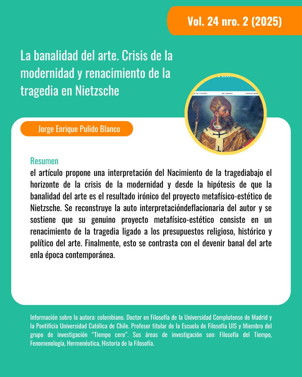 RevFilosofiaUIS's tweet photo. 📚Recomendación semanal📚

Pulido Blanco, J. E. (2025). La banalidad del arte. Crisis de la modernidad y renacimiento de la tragedia en Nietzsche. Revista Filosofía UIS, 24(2), 53–78.

https://t.co/dZzU72iksA

#arte #NIETZSCHE #Filosofia #philosophy https://t.co/kV0mu7s2Rj