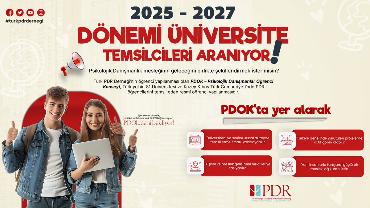 🎓 PDOK 2025–2027 Dönemi Üniversite Temsilcileri Aranıyor!

Psikolojik Danışmanlık mesleğinin geleceğini birlikte şekillendirmek ister misin?

Türk PDR Derneği’nin öğrenci yapılanması olan PDOK – Psikolojik Danışmanlar Öğrenci Konseyi, Türkiye’nin 81 üniversitesi ve Kuzey Kıbrıs