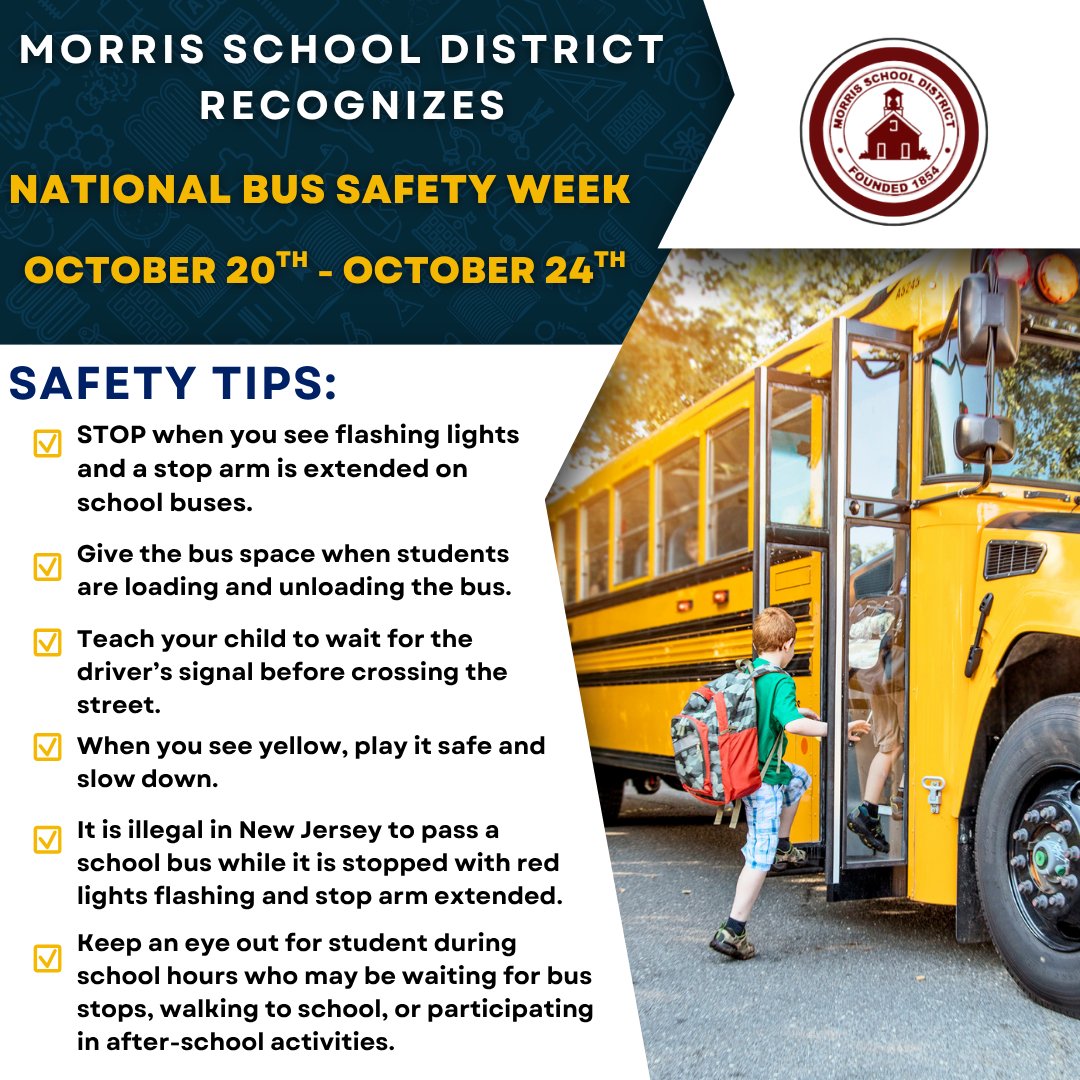 MSDK12's tweet image. 🚌 It&apos;s School Bus Safety Week in New Jersey! 🛑
October 20th to October 24th 

Let&apos;s work together to keep our students safe on their ride to and from school. Whether you&apos;re a driver, a parent, or a student, safety is always important. 

#NJDOE #bussafetyweek