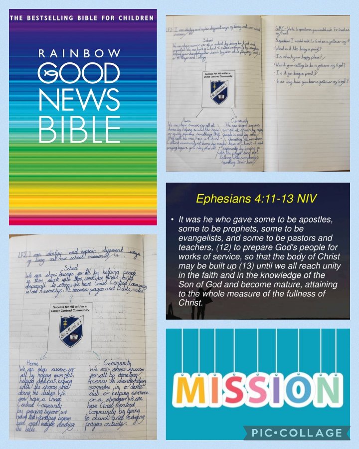 A collage displays the cover of the Rainbow Good News Bible for children in colorful rainbow design with title text. Below it a blue quote from Ephesians 4:11-13 NIV discusses apostles prophets evangelists pastors and teachers preparing Gods people for works of service and knowledge of Christ. Handwritten notes in a notebook list community school and home with explanations of mission. A blue section titled MISSION with text become PIC-COLLAGE.
