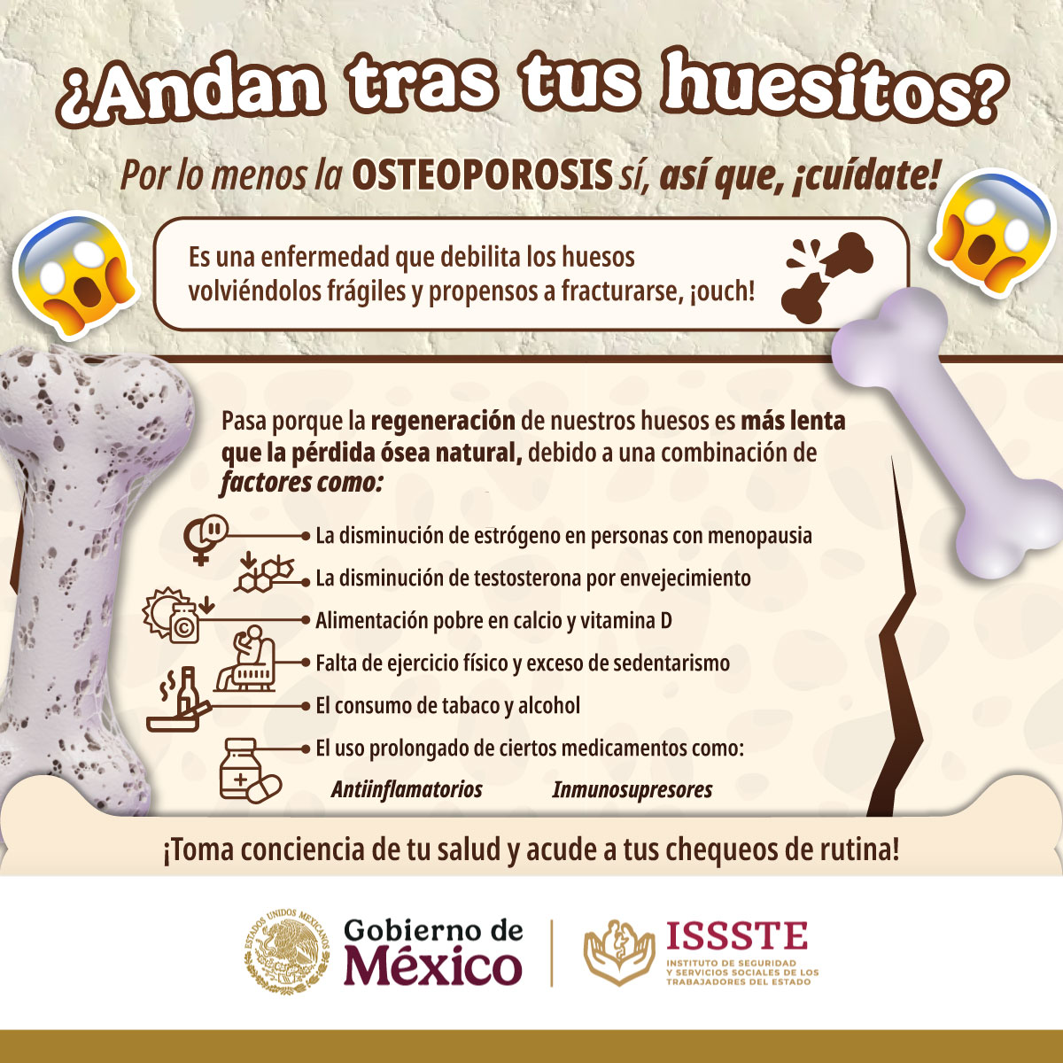 ISSSTE_mx's tweet image. Que te truenen, pero de amor, no de osteoporosis. 🦴
A menudo, esta condición no presenta síntomas hasta que ocurre una fractura ⛓️💥, por eso se le conoce como enfermedad "silenciosa". 🤫
👉 A pesar de que se puede presentar en cualquier etapa de la vida, afecta en mayor…