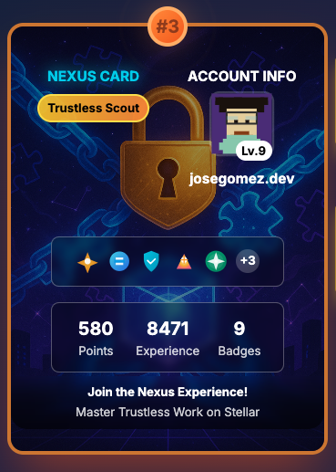 n3xusEx's tweet photo. Complete Trustless Work Demo Suite, earn points and XP while master Web3 basics by playing mini-games 🏃🧩🕸️

Start your journey now 🔗 https://t.co/anGKgRydoH

Share your Nexus Card 🌌 and invite your friends to experience Trustless Work!

👉 Learn. Build. Compete.
#Stellar https://t.co/quyOUqODlX