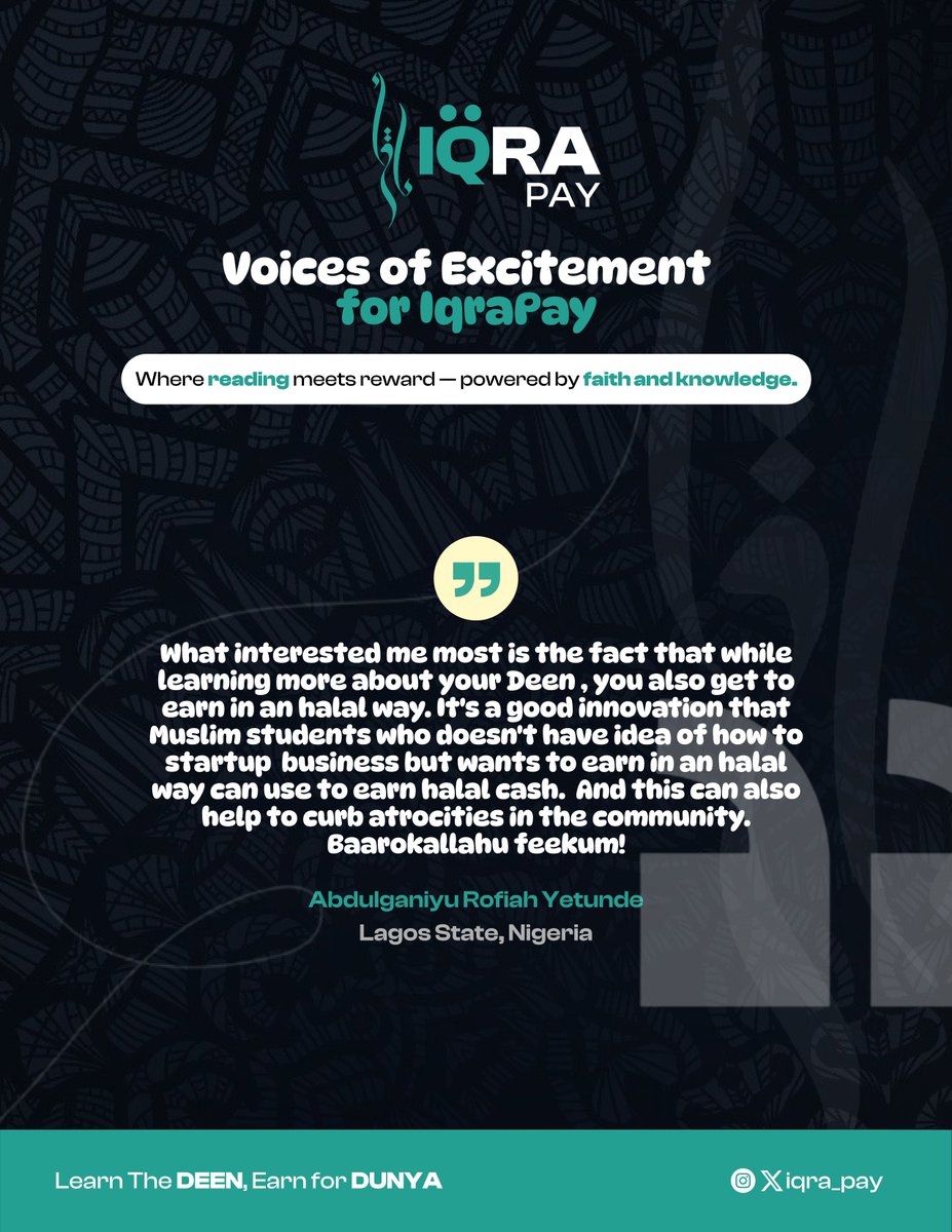 iqra_pay's tweet photo. Voices of Excitement for IqraPay! 💫Where reading meets reward, powered by faith &amp; knowledge. Join learners earning through learning 📖✨
👉 https://t.co/IfaZI5Oy4s 🐦 https://t.co/LFT2upv3DZ | 📸 https://t.co/Pcx1mqUThv
Learn the Dīn, Earn for Dunyā #IqraPay #HalalEarnings https://t.co/06tO1nZASY