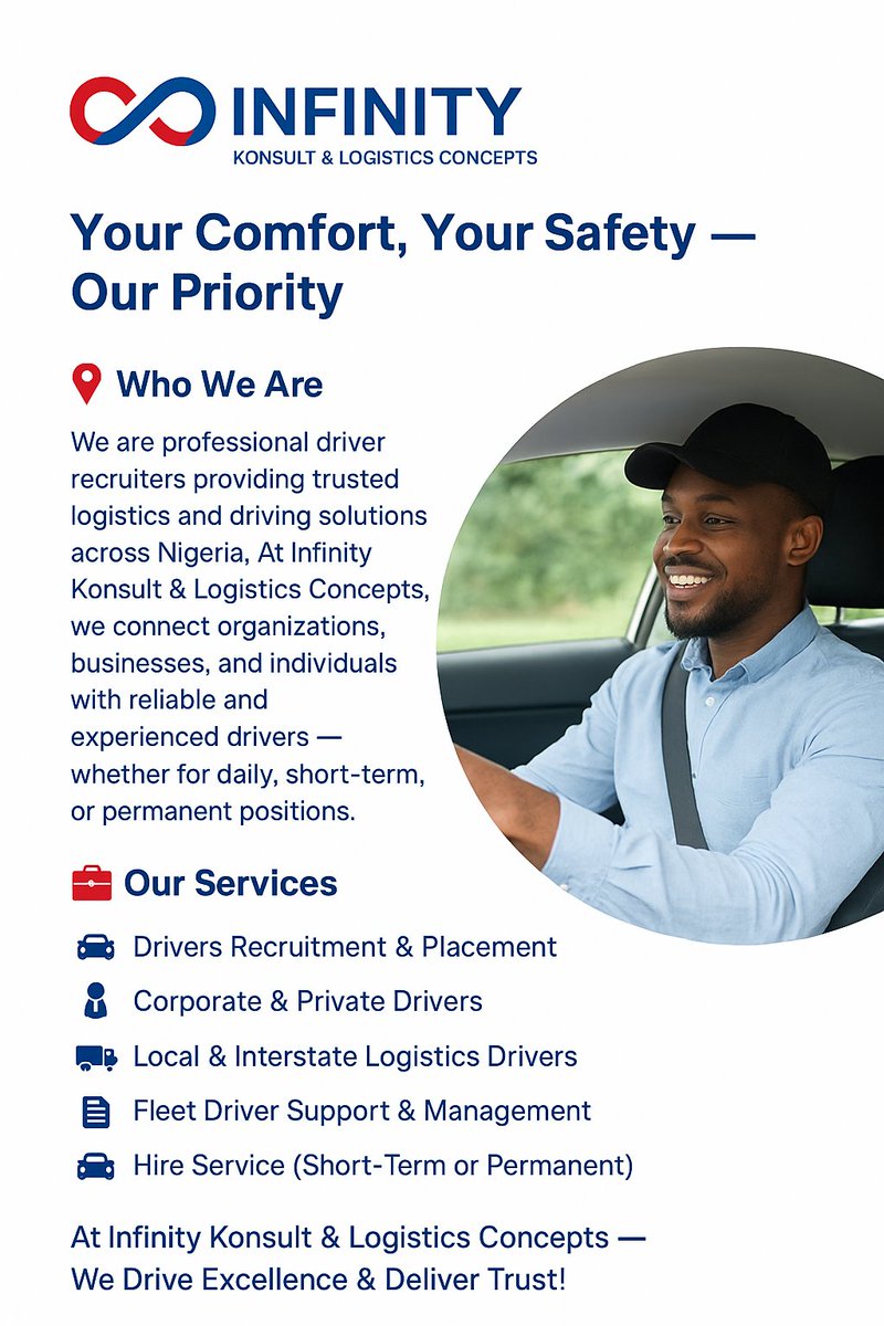 chefdipson's tweet image. 🚛 INFINITY KONSULT & LOGISTICS CONCEPTS
Your Comfort, Your Safety — Our Priority
💼 Trusted Driver Recruitment & Logistics Experts Across Nigeria 📞 08126526881 09064438713
📧infinitykonsult2@gmail.com
 Driving Excellence, Delivering Trust!💪 Reliable Drivers, Anywhere in Nig